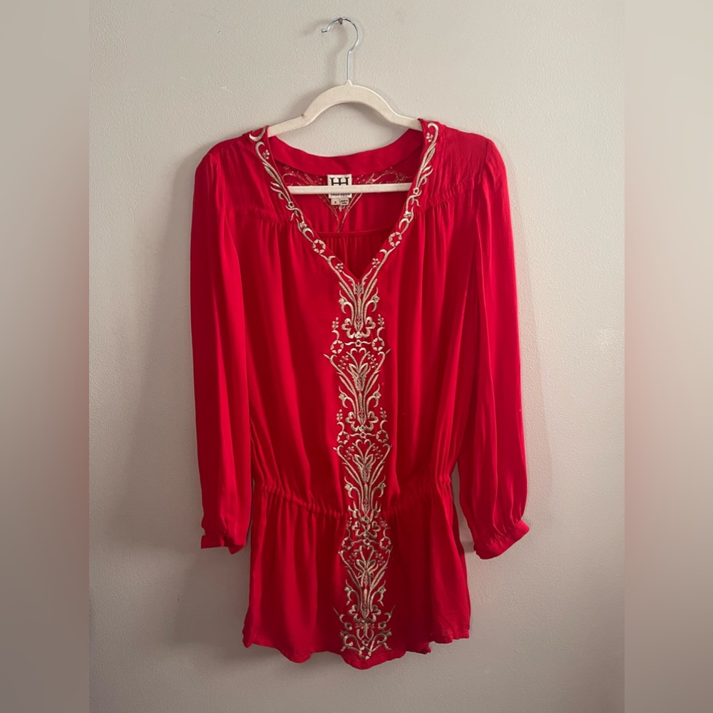 Haute Hippie Red Silk Gold Embroidered Tunic Top